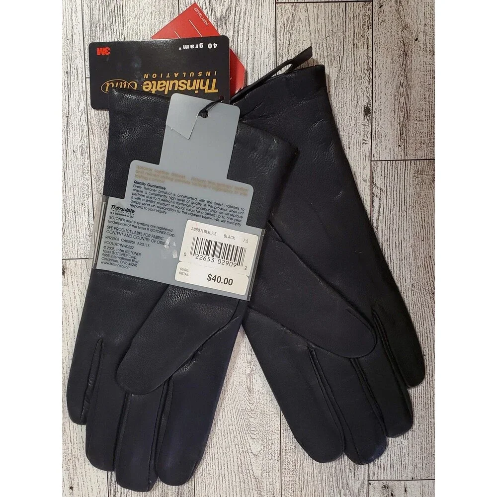Vtg 2005 Isotoner Women's Black Leather Gloves Thinsulate Lined Size 7.5 NWT Y2K